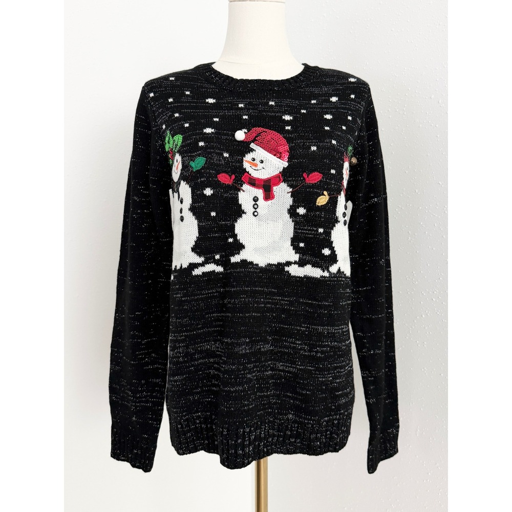 Karen Scott Whimsy Snowman Christmas Sweater Black Sequin Holiday NWT (S)